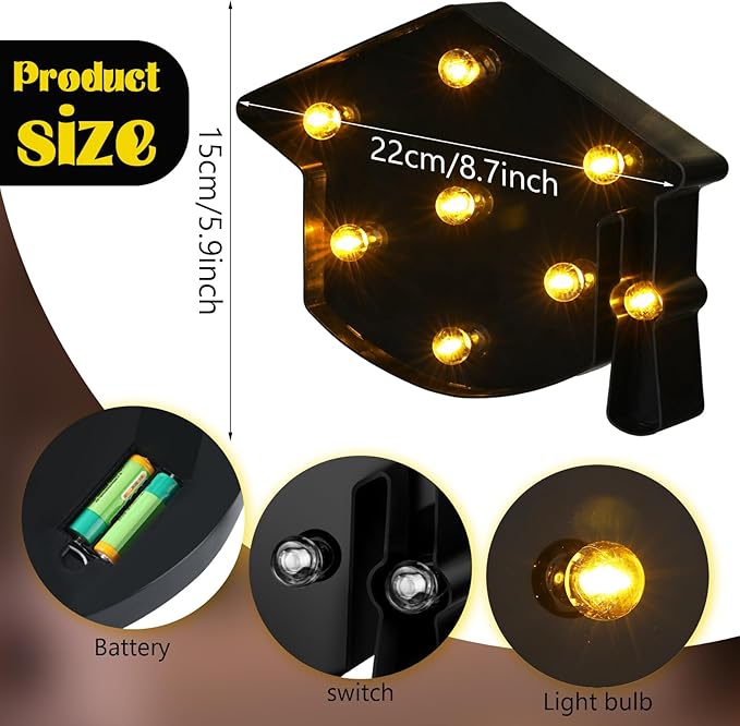 VIHOSE Grad Graduation Light up Signs Bachelor Cap Lights Table Decoration Battery Powered Grad Hat Gift for Graduation Home Bar Party Bedroom Tabletop Decoration