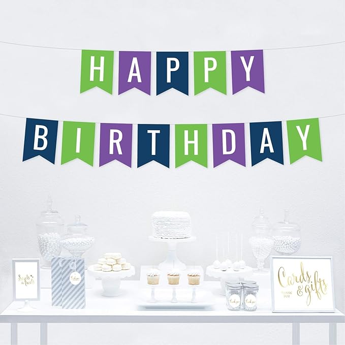 Andaz Press Hanging Pennant Banner Party Decorations, Kiwi Green, Purple, Navy Blue, Happy Birthday, 1-Pack, Approx. 5-Feet, Mermaid Ocean Girl Party Themed Decor