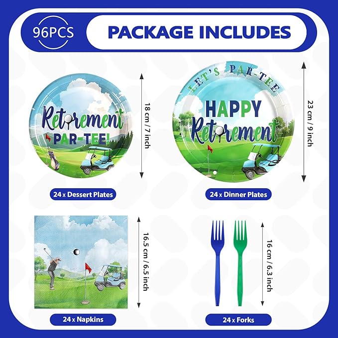 96Pcs Golf Retirement Party Decorations Sport Happy Retirement Plates and Napkins Tableware Set Golf Retire Decorations Favor for Men Golfers Lover Going Away Partee Farewell Party Supplies Serves 24