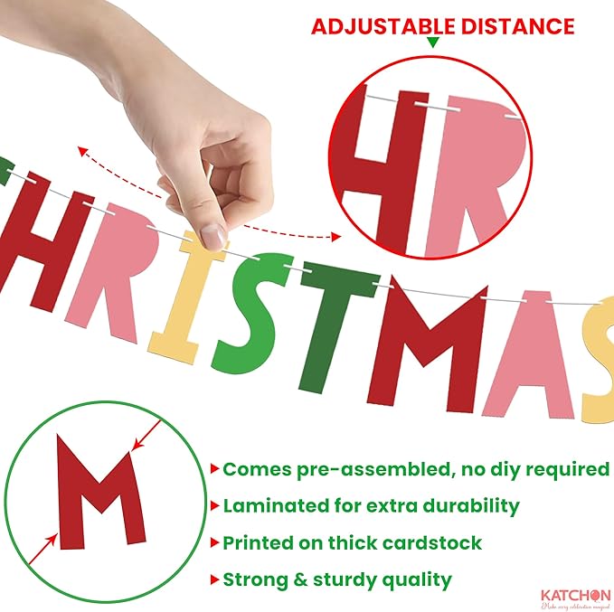KatchOn, Colorful Merry Christmas Banner - 10 Feet, No DIY | Merry Christmas Decorations Outdoor, Indoor | Red Xmas Decorations | Hanging Garland Decoration for Home Wall Mantle Fireplace Party