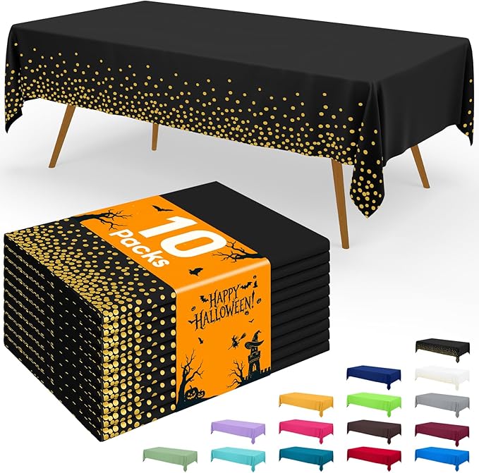 Smiry Disposable Table Cloth - 10 Pack, 54 x 108 Inch Waterproof Rectangle Tablecloths for Parties, Decorative Plastic Table Cover, Leakproof & Sturdy, Black & Gold