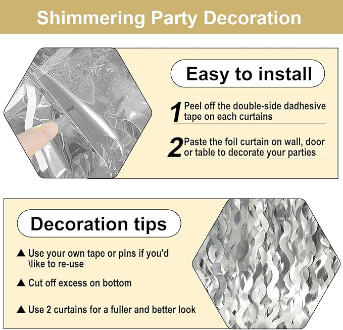 4 Pack Silver Wave Foil Fringe Curtain Backdrop, 3.28Ft x 8.2Ft Metallic Tinsel Foil Fringe Streamer Curtains for Photo Booth, Mother's Day, Easter, Birthday, Wedding Party Decoration