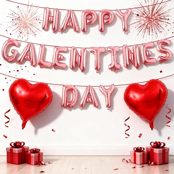Happy Galentines Day Balloons Banner, 16 Inch Pink Galentine Letters Balloons Decorations 18 Inch Red Heart Foil Mylar Balloon for Women Ladies Galentine's Valentines Day Party Decoration Supplies