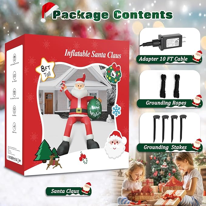 8 FT Inflatable Sitting Santa Claus Christmas Outdoor Decorations, Blow Up Santa Claus with Gift Bag Sitting on Roof Wall Tree Chair, Outdoor/Indoor Decorations for Street House Patio Bench Shrubs