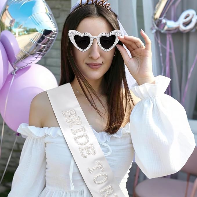 Bride to Be Sunglasses & Bride to Be Sash Set - White Satin Sash with Rhinestone Lettering & Pearl-Embellished Sunglasses for Bachelorette Party, Bridal Shower & Wedding Celebrations