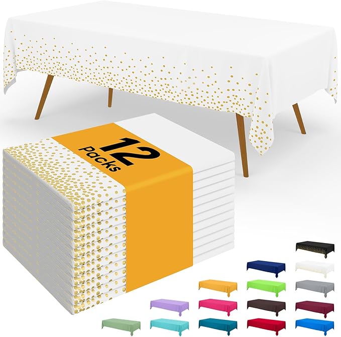 Smiry Disposable Table Cloth - 12 Pack, 54 x 108 Inch Waterproof Rectangle Tablecloths for New Years, Decorative Plastic Table Cover, Leakproof & Sturdy, White & Gold