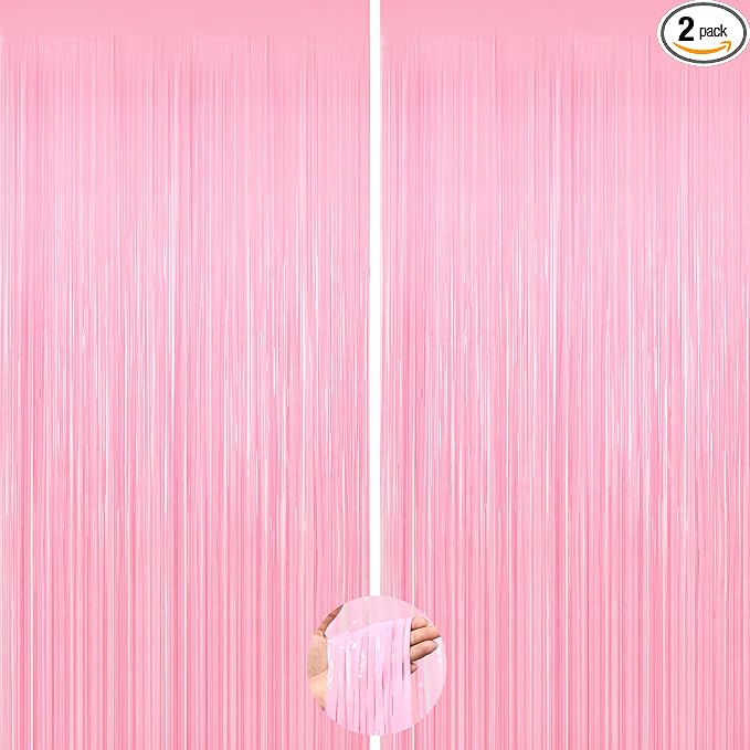 2Pack Pink Foil Curtain Pastel Pink Backdrop Streamers, Door Streamers Photo Booth Backdrop for Birthday Wedding Party, Metallic Tinsel Foil Fringe Curtains for Bachelorette Xmas Party Decorations