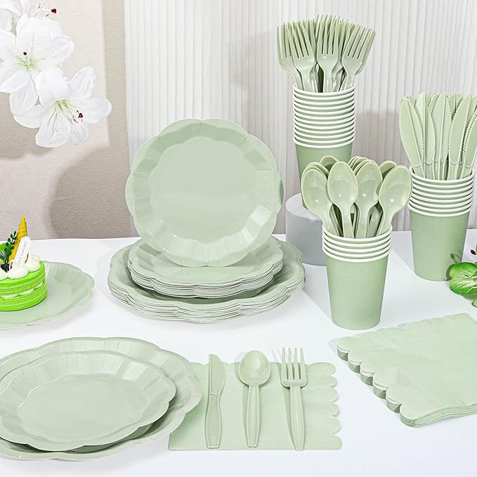 175 Pcs Sage Green Plates and Napkins Set, 25 Guest Sage Green Party Supplies Include Scalloped Easter Plate Napkin Cup Forks Knives Disposable Plastic Cutlery for Wedding Baby Shower Birthday