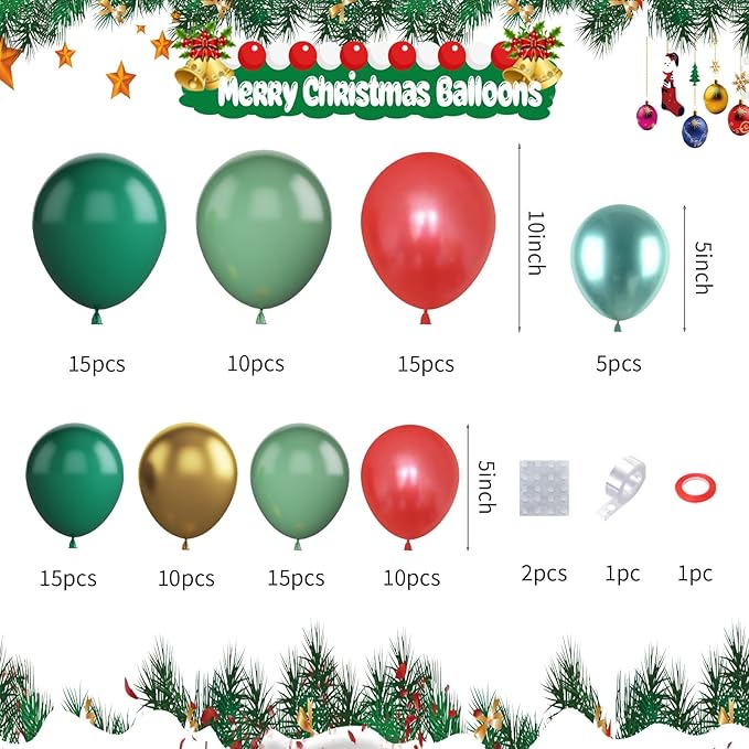 Christmas Balloon Garland Kit, 108PCS Retro Dark Green Red Gold Balloons Arch with 4D Balloons, Xmas Candy Cane Gingerbread Windmill Foil Balloons for Christmas New Year Winter Party Decorations