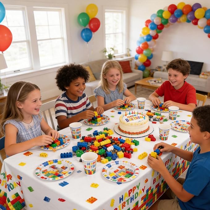 4 Pack Building Block Party Tablecloths, Colorful Blocks Bricks Disposable Plastic Table Covers for Kids’ Block-Themed Birthday Party Supplies, 54 × 108 Inches