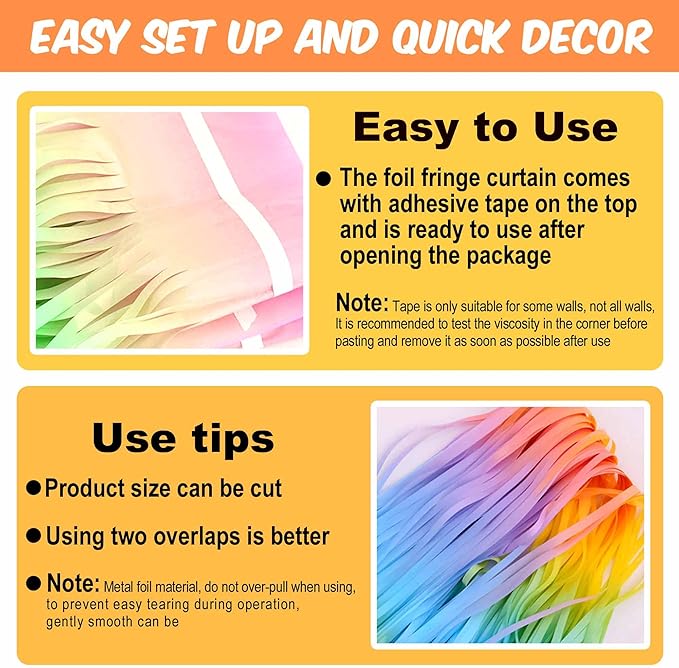6 Pack Light Rainbow Foil Fringe Curtains Backdrop, 3.28 x 8.2 Ft Metallic Streamers Tinsel Curtains Background for Photo Booth, Birthday, Christmas, Halloween, New Year Party Decorations