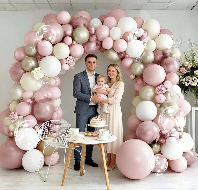 Dusty Pink White Beige Balloon Arch, Double Stuffed Pink Mauve Pearl White Nude Gold Balloon Garland Kit Boho Blush Cream Balloons for Birthday Baby Shower Bridal Wedding Mother's Day Party Decor