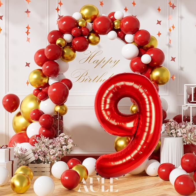 AULE 40 Inch Big Red 9 Balloon Number Large Foil Helium Number Balloons 0-9 Jumbo Giant Happy 9th Birthday Party Decorations for Boy or Girl Huge Mylar Anniversary Party Supplies