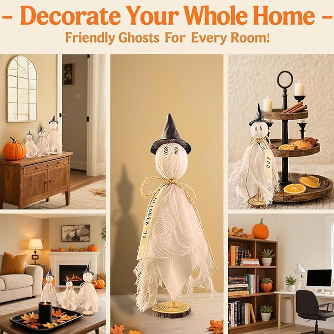 Halloween Decorations Indoor - 3 Set Primitive Halloween Ghosts with Hat, Wooden Stand Ghost Decor for Table Centerpieces, Mantels, Shelves, Vintage Spooky & Festive Party Decor
