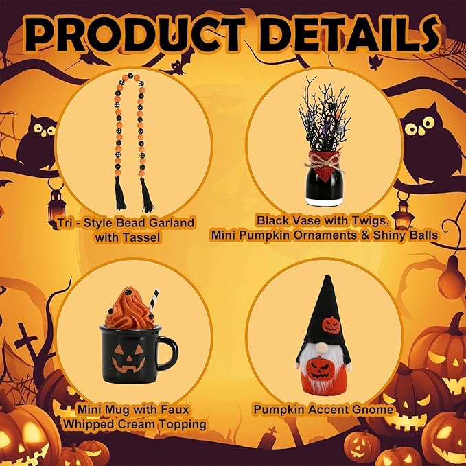 Halloween Decorations 6PCS Tiered Tray Decor, Cute Tabletop Halloween Decor for Home Tray Shelf Fireplace Mantel Office Desk Table Centerpieces Farmhouse Rustic Spooky Wood Signs