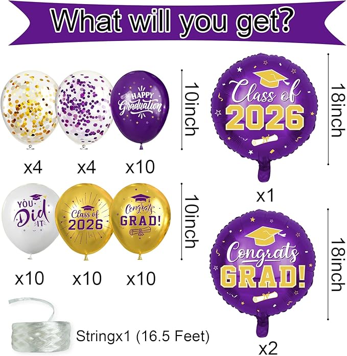 Purple and Gold Graduation Balloons Graduation Decorations 2026, 51Pcs Grad Latex Balloons and Grad Foil Balloon with Confetti Ribbons Grad Party Decorations for College High School