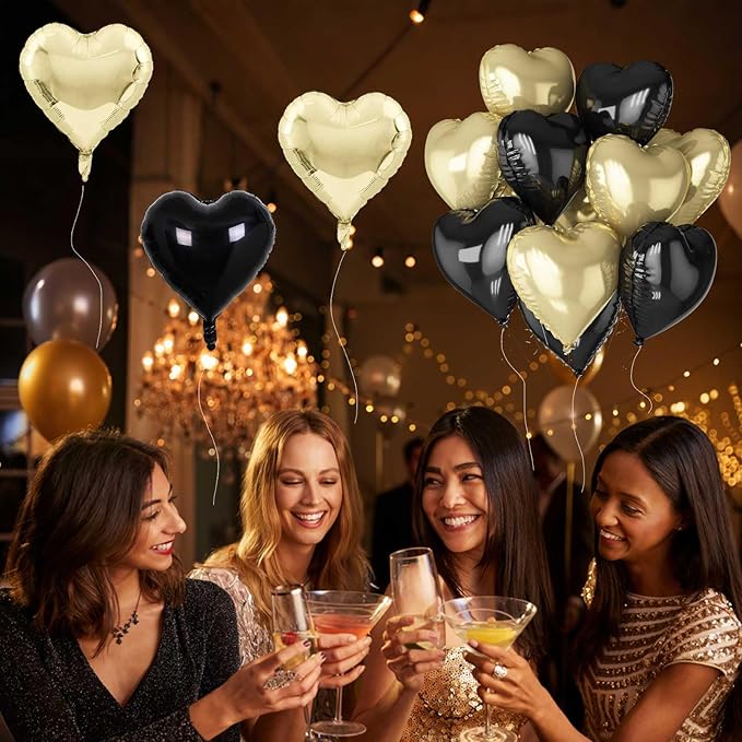 Black Gold Foil Heart Balloons, 18 Inch 10 Pcs Light Gold and Black Heart Shape Foil Balloons Pastel Yellow and Black Heart Balloons for Birthday Graduation Valentines Baby Party Anniversary