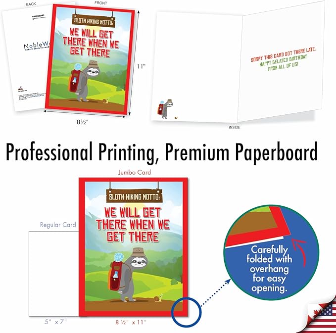 NobleWorks Oversize Humorous Belated Birthday Paper Card From Us 8.5 x 11 Inch with Envelope (1 Pack) Large Jumbo Sloth Hiking J7234BEG-US
