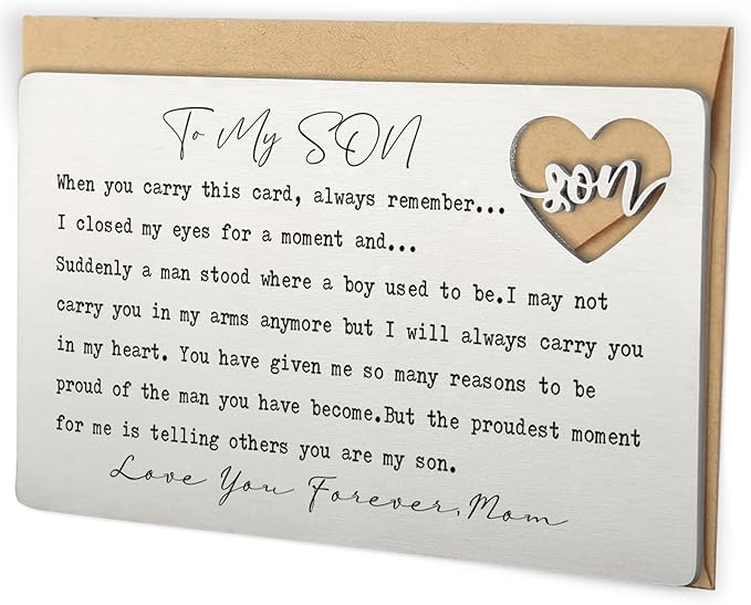 To My Son Wallet Insert Card from Mom, Stainless Steel Laser-Engraved Postcard with Heart Cutout, Emotional Gift for Son, Inspirational Pocket Keepsake for Birthday, Graduation, Christmas QBK06