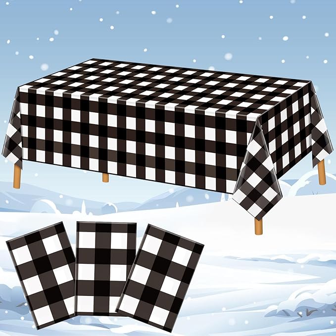 Hxezoc 3 Pack Buffalo Plaid Plastic Tablecloth, 54 x 108 Inch Black and White Checkered Disposable Winter Table Cover for Birthday Party Decorations Outdoor Indoor Party Supplies