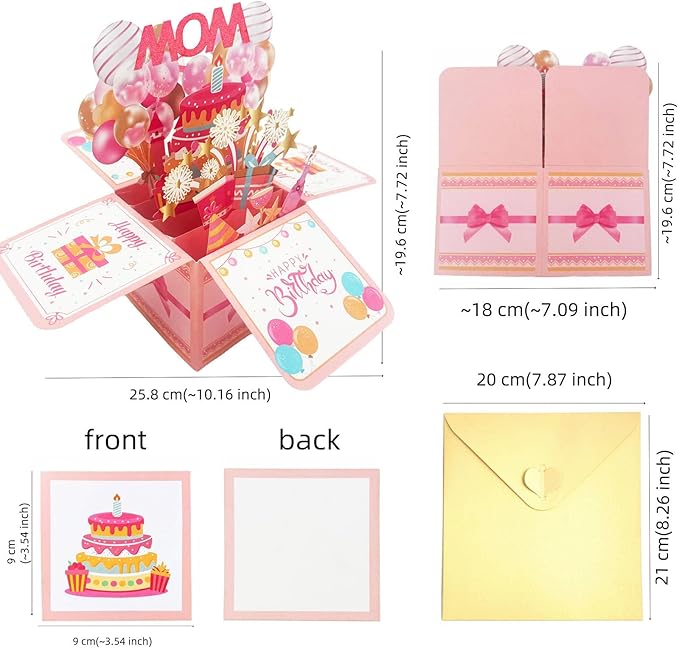 Happy Birthday Mom Card From Daughter Son Kids Funny 3D Pop Up Birthday Gift Card Box For Mom Foldable Celebration Greeting Cards With Envelope For Women Stepmom Godmother