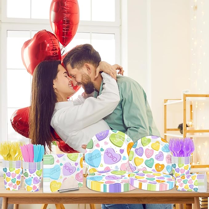 144Pcs Valentine's Day Tableware Set,Conversation Heart Valentines Day Plates and Napkins Colorful Love Valentine's Day Party Supplies for Anniversary Wedding Sweet Day Decor