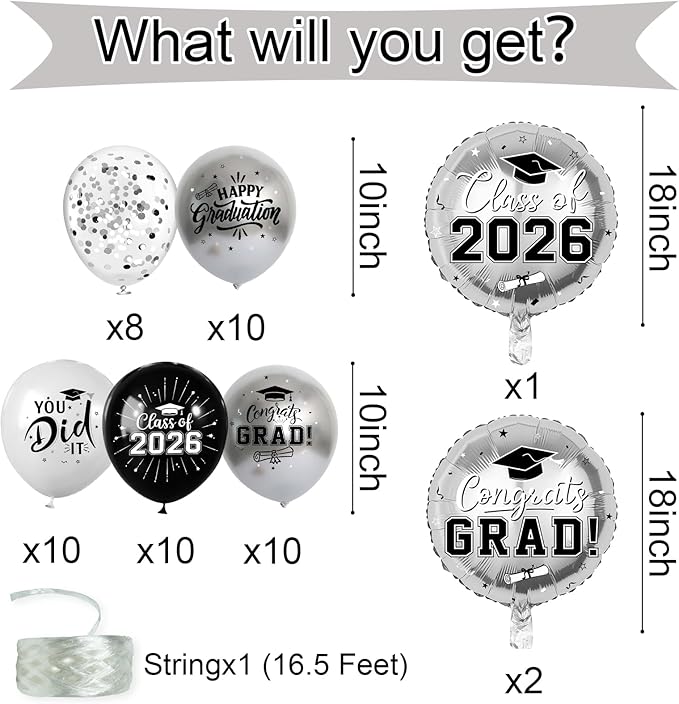 Black and Silver Graduation Balloons Graduation Decorations 2026, 51Pcs Grad Latex Balloons and Grad Foil Balloon with Confetti Ribbons Grad Party Decorations for College High School