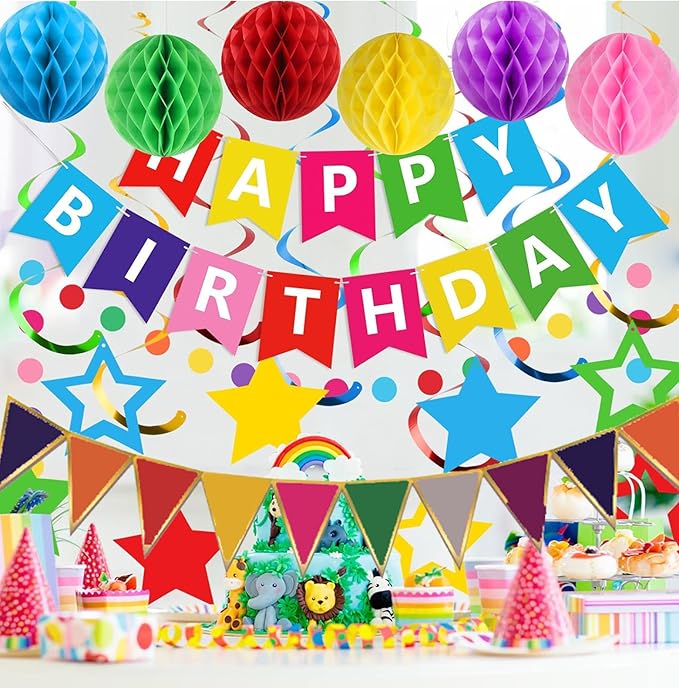 Colorful Birthday Decorations, Happy Birthday Banner with Honeycomb Balls, Stars Hanging Swirl Streamers, Buntings Circle Dots Garland, Party Decorations for Women Men Boys Girls (Colorful)