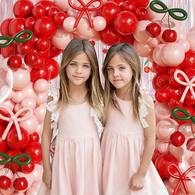 JOGAMS Cherry Balloon Arch Kit,184Pcs Red and Pink Balloon Arch Kit with 260 Long Clear Balloons for Cherry On Top Baby Shower Birthday Bridal Shower Wedding Valentine's Galentine's Day