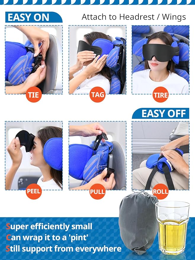 SARISUN Travel Pillows for Airplanes, Airplane Pillow for Long Flight Car Road Trip, Airplane Head Strap with Sleep Eye Mask, 360° Support Headrest, Stop Bobblehead Travel Neck Pillow, Mottled Red