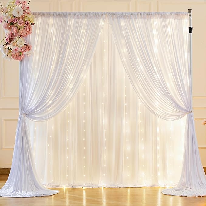 20 x 10ft White Backdrop Curtains with Lights String for Wedding Polyester Photo Backdrop Drapes Wrinkle Free White Long Curtains for Birthday Parties Reception Baby Shower Ceremony-10 x 5ft x 4Panels