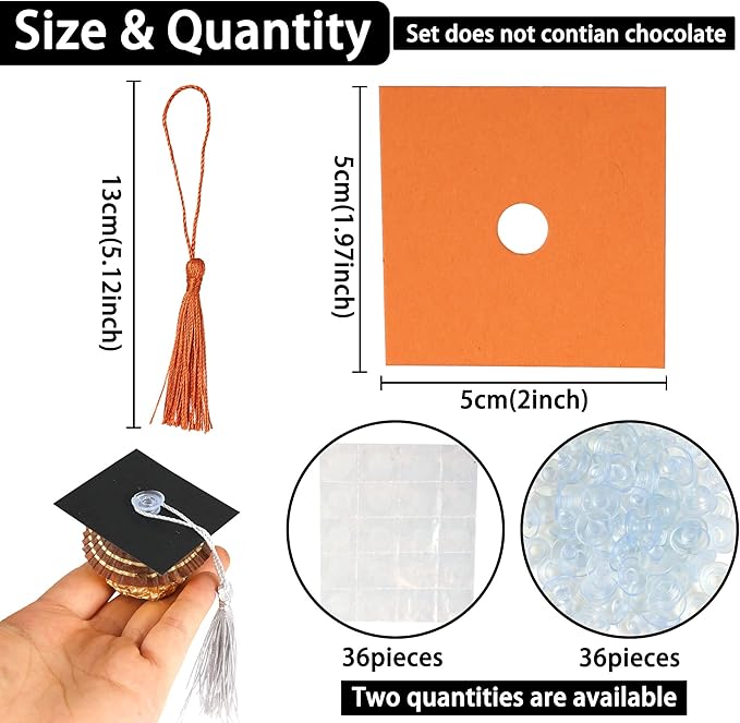 Gyufise 36Pcs 2026 Graduation Cap Cupcake Toppers with Tassel Adhesive Dots Chocolate Decorations Class of 2026 Congrats Grad Cap Cupcake Decorations for 2026 Graduation Theme Party Supplies Orange