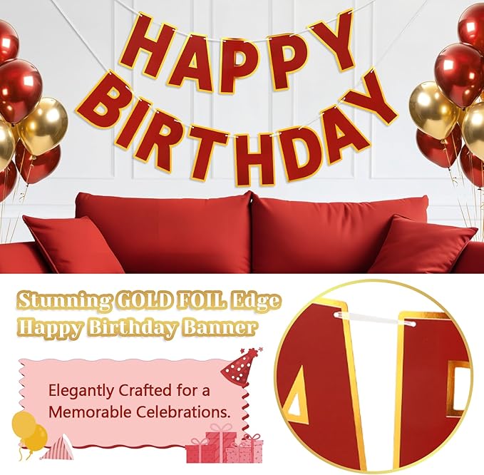 Happy Birthday Banner - 9ft Pre-Strung Happy Birthday Sign for Women, Men, Girls, Boys - No DIY Birthday Decorations & Party Supplies(Wine Red)
