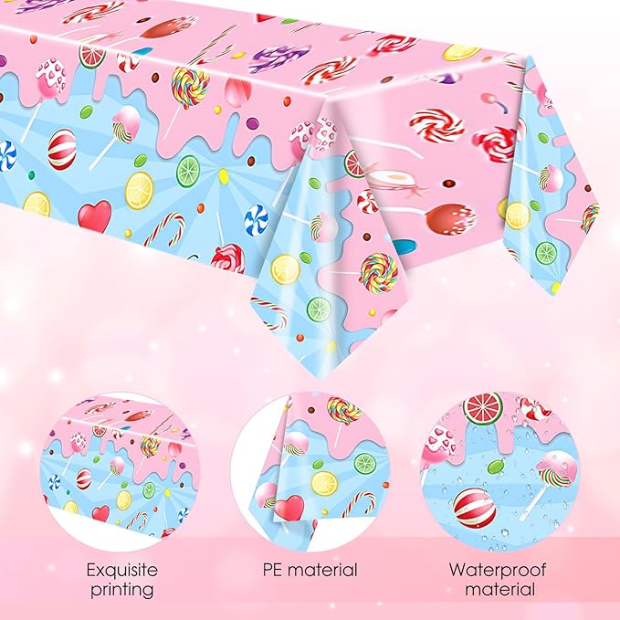 Sweet Candyland Tablecloth, 3Pcs Candies Theme Tablecloth, Colorful Lollipop Tablecovers for Girls Party Candy Land Christmas Party Decoration