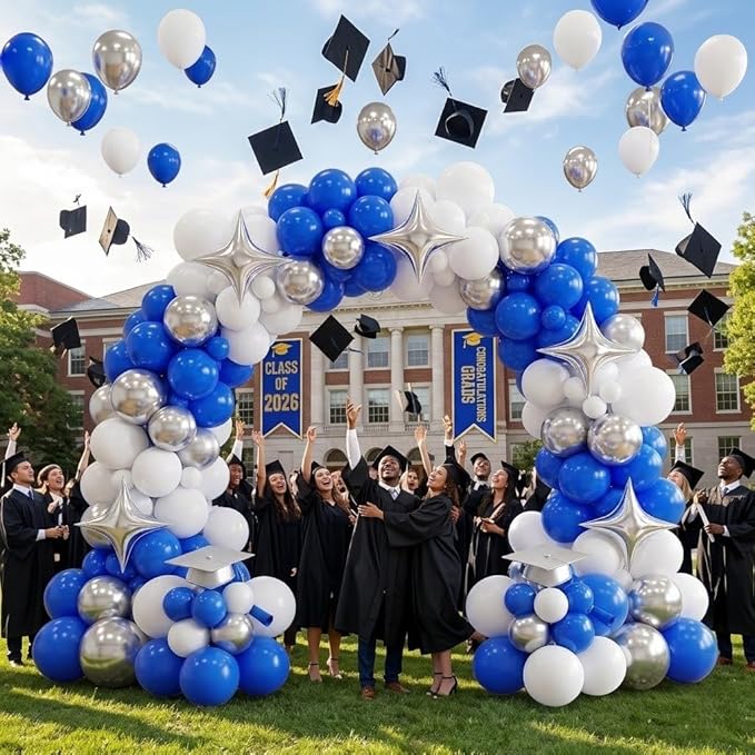 Royal Blue and Silver Balloons for Graduation Party Decorations, 12In Dark Navy Blue and White Balloons with Metallic Silver Star Balloon for Graduation Father's Day Birthday Baby Shower Party Decor