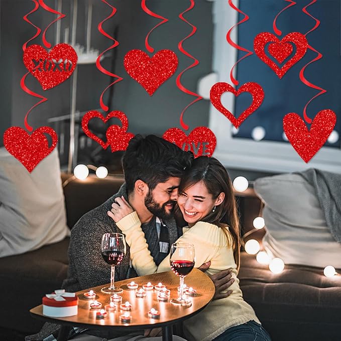 Red Heart Swirls Party-Decorations - 16Pcs Romantic Special Night Galentines Hanging Streamers Garland,Valentines Girl Wedding Anniversary Baby Bridal Shower Birthday Decor Supplies Hugtmr