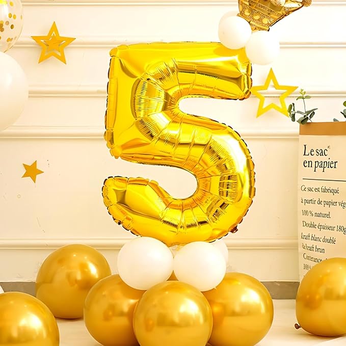 16 In Gold Large Numbers Balloons 0-9, Self Inflating Number 5 Balloons for Boys Girls, Big Gold Digit 5 Balloons for Women Men Birthday Party Anniversary Wedding Supplies Decorations