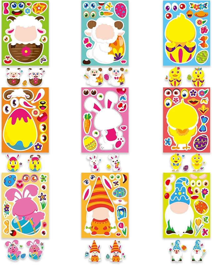 27 Sheets Easter Stickers Easter Gifts for Kids Toddlers Make Own Face Gnome Bunny Sheep Rabbit Colored Egg Chicks School Game Activities Party Favor Supplies