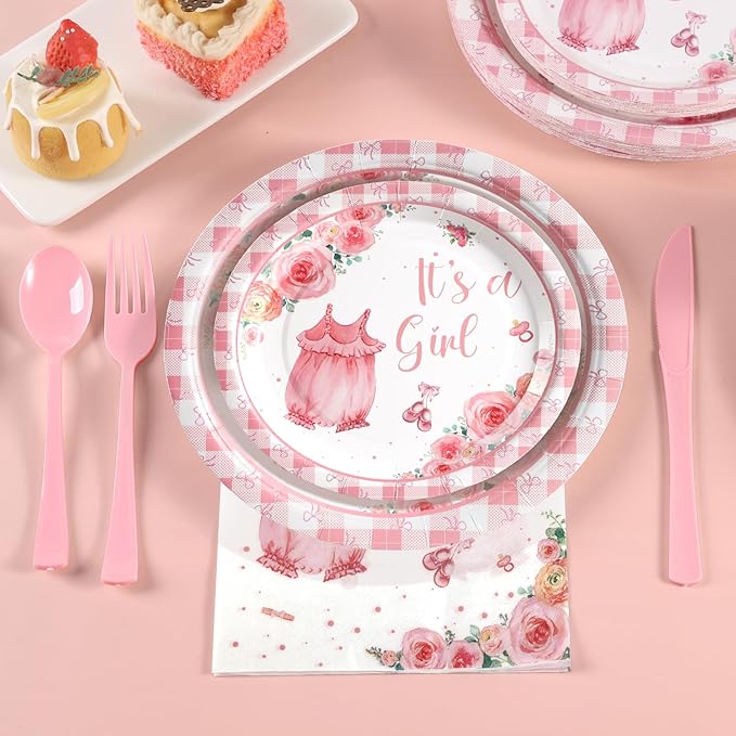 168Pcs Baby Shower Decorations for Girl, Pink Floral Baby Shower Party Tableware Serves 24,A Sweet Little Girl is on The Way Plates Sets for Gender Reveal Birthday Party Decorations