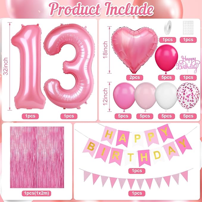 13th Birthday Decorations for Girls,Hot Pink 13th Birthday Balloons with Happy Birthday Banner Fringe Curtain Heart Foil Balloons for 13 Year Old Birthday Decor