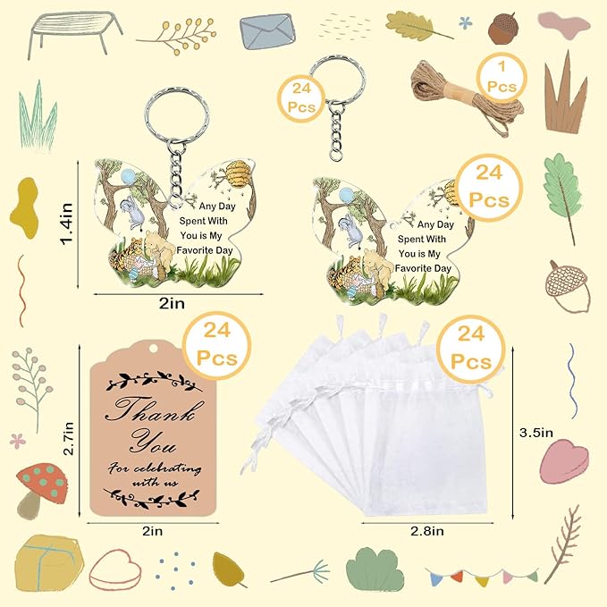 72 Pack Winnie Party Favors with Butterfly Shaped Keychains, 24 Acrylic Keychains, 24 Tags and 24 Gift Bags for Winnie Animal Themed Party