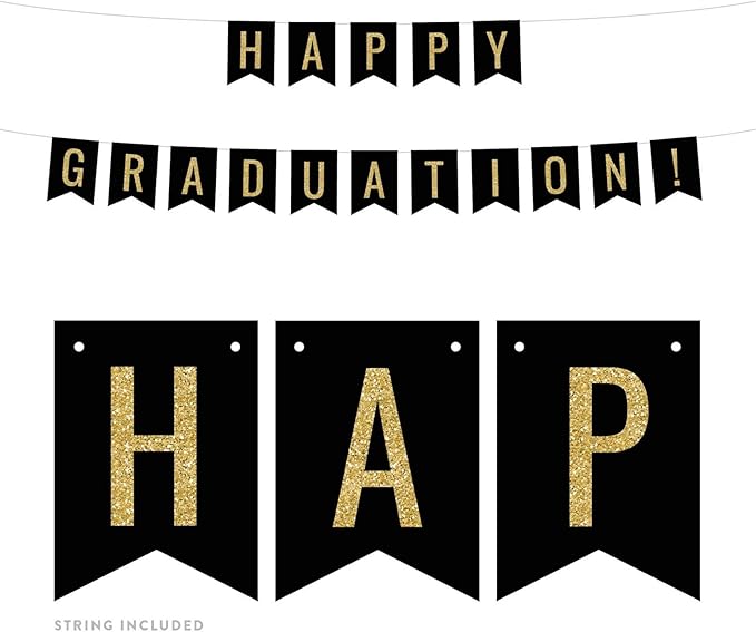 Andaz Press Faux Gold Glitter on Black Party Banner Decorations, Happy Graduation!, Approx 5-Feet, 1-Set, Colored Hanging Pennant Decor