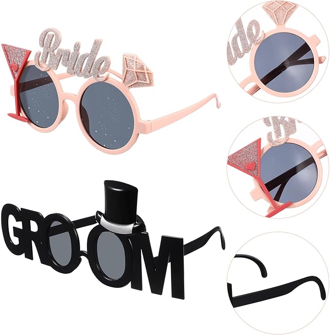 Gadpiparty 2Pcs Groom Bride Party Sunglasses Funny Glitter Party Glasses Fancy Dress Props for Wedding Hen Bridal Shower Bachelorette Decoration