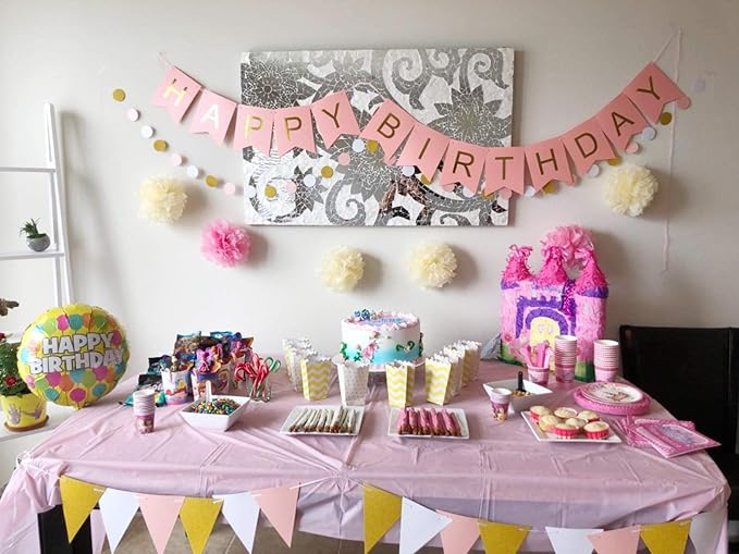 MerryNine Paper Garland 5 Pack, 65 Ft Glitter Paper Garland Circle Dots Hanging Decor, Banner for Baby Shower, Birthday, Nursery Party Decor (Pink White Gold)
