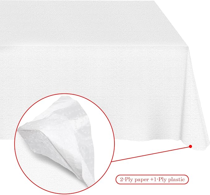 White Paper Tablecloths Disposable for Rectangle Tables 3 Pack,3 Ply Paper & Plastic Quality Table Cloth for Parties,54 x 108 Inch Birthday Table Cover Outdoor Wedding Banquet Tablecover