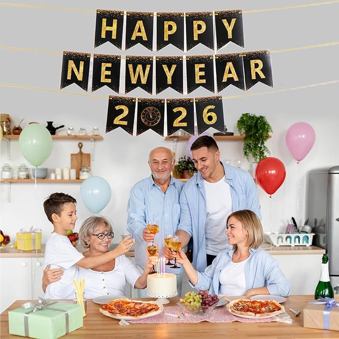 Happy New Year Banner,New Years Eve Party Supplies 2026, No DIY, Black Gold Happy New Year Banner for Outdoor Indoor Home Party Decorations