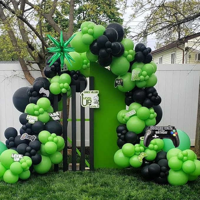 144Pcs Video Game Balloon Arch Garland Kit Green Black Silver Explosion Star Game Controller Mylar Balloons for Boys Kids Game On Level Favor Theme Birthday Party Decorations