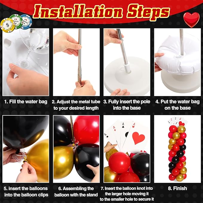 2 Sets Casino Theme Party Decoration Adjustable Poker Themed Balloon Column Stand Kit 8 Pcs Jumbo Poker Cards 129 Pcs Balloon Set for Las Vegas Game Night Birthday Party Supplies(Red Black and Gold)
