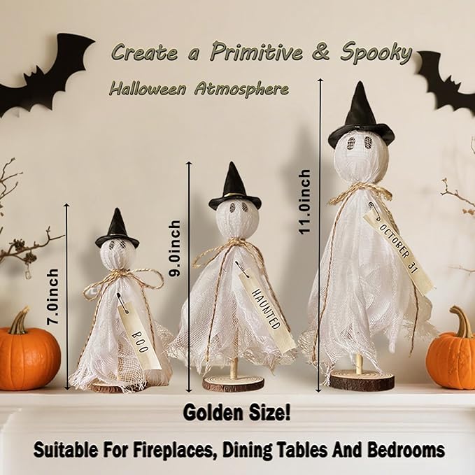 Halloween Decorations Indoor - 3 Set Primitive Halloween Ghosts with Hat, Wooden Stand Ghost Decor for Table Centerpieces, Mantels, Shelves, Vintage Spooky & Festive Party Decor