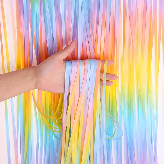 5 Pcs Rainbow Foil Fringe Curtains Backdrop (3.28 x 6.56 ft) with Tablecloth - Streamers Party Decorations for Birthday, Wedding, Baby Shower, Bachelorette, Christmas & Holiday Celebrations